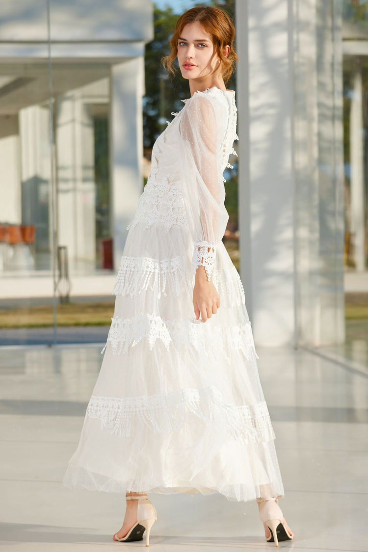 French Style Lace Neck Puff Sleeve Split Dotted Tulle Evening Maxi Dress - White  Fashionpara