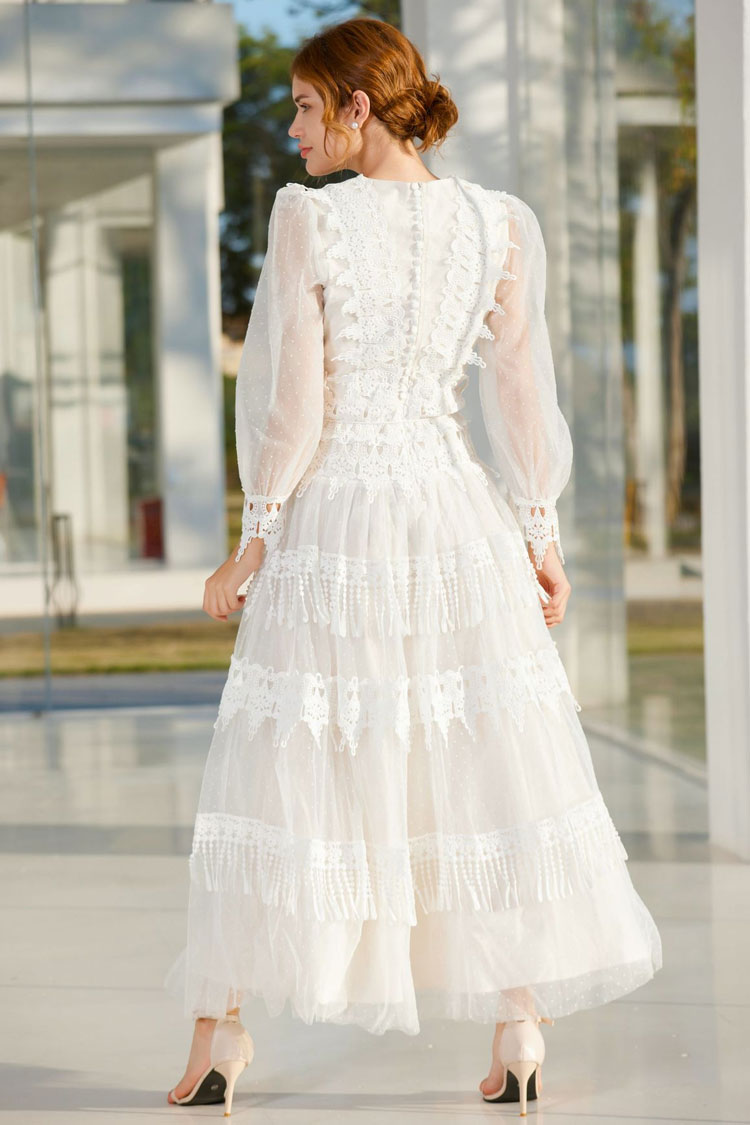 French Style Lace Neck Puff Sleeve Split Dotted Tulle Evening Maxi Dress - White  Fashionpara