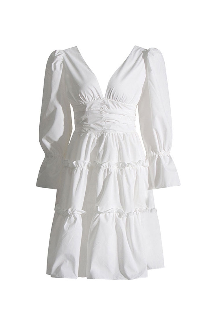 French Style Plunge Blouson Sleeve Gathered Cotton Blend Tiered Mini Dress - Fashionpara