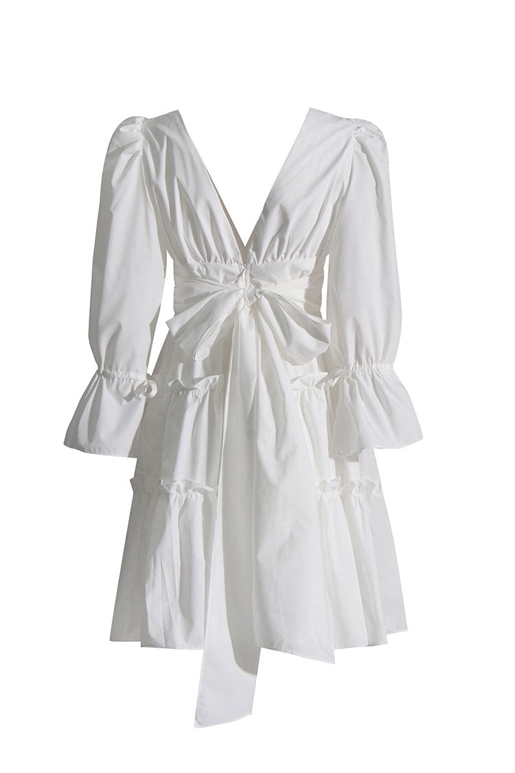 French Style Plunge Blouson Sleeve Gathered Cotton Blend Tiered Mini Dress - Fashionpara