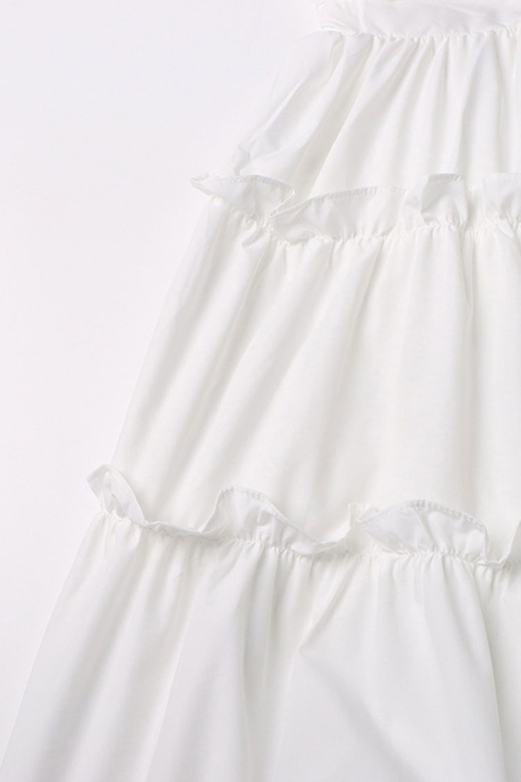 French Style Plunge Blouson Sleeve Gathered Cotton Blend Tiered Mini Dress - Fashionpara