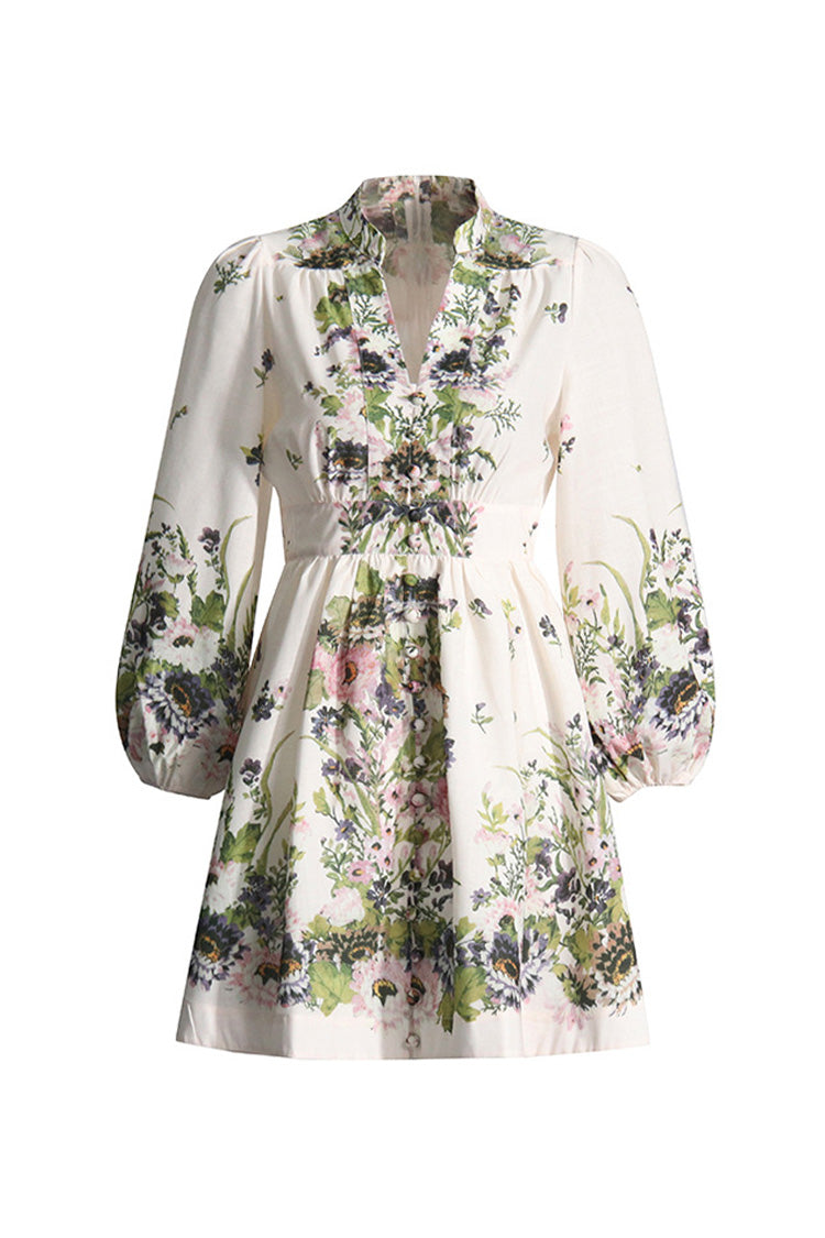 French Style Plunge Floral Print Blouson Sleeve Beach Vacation Mini Dress - Fashionpara