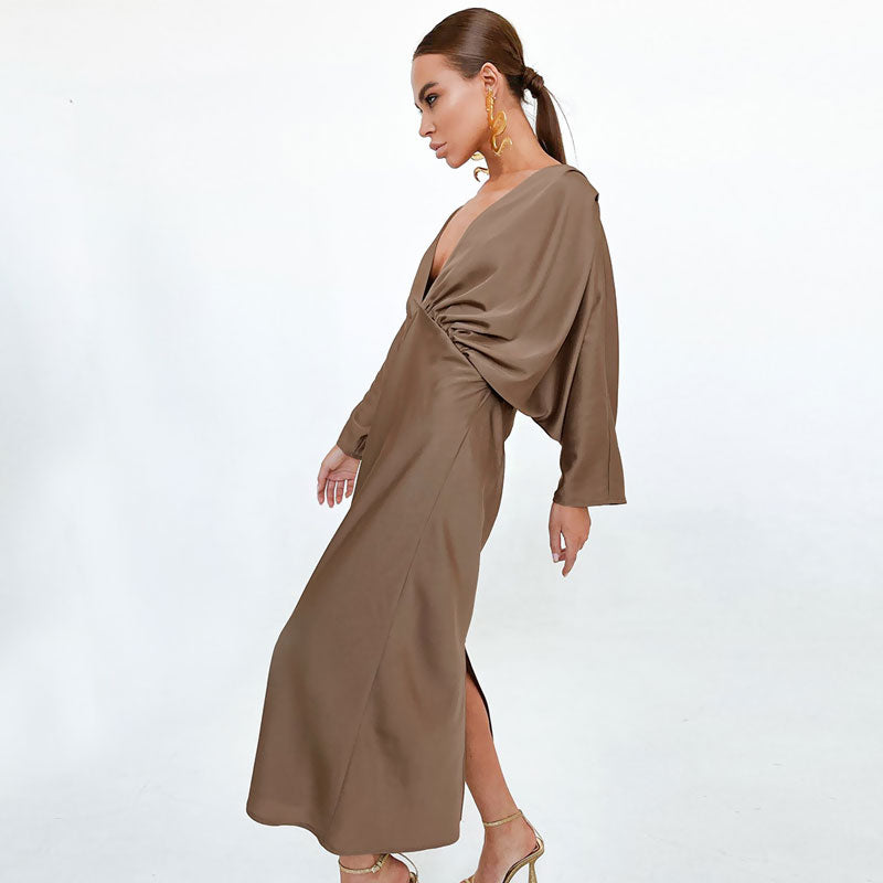Satin Deep V-Neck Batwing Sleeve Ruched Wrap Maxi Dress 2