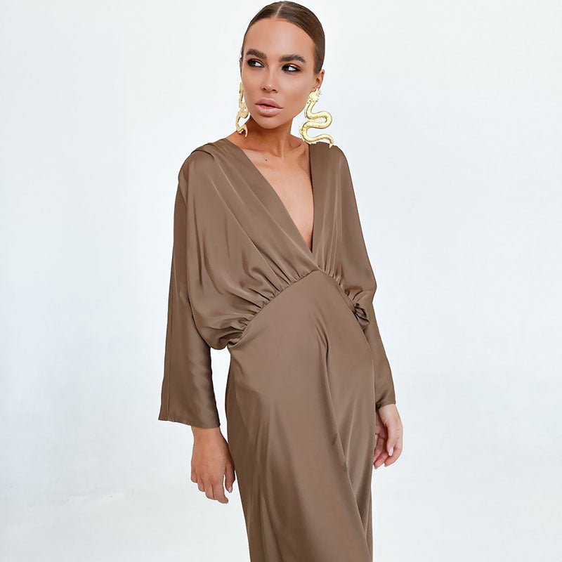 Satin Deep V-Neck Batwing Sleeve Ruched Wrap Maxi Dress 3
