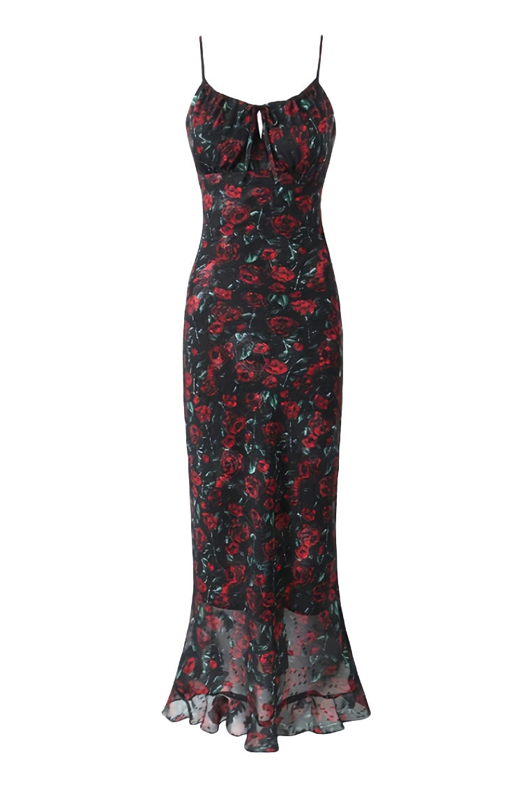 French Style Ruched Tie Neck Floral Print Chiffon Fishtail Slip Maxi Sundress - Fashionpara