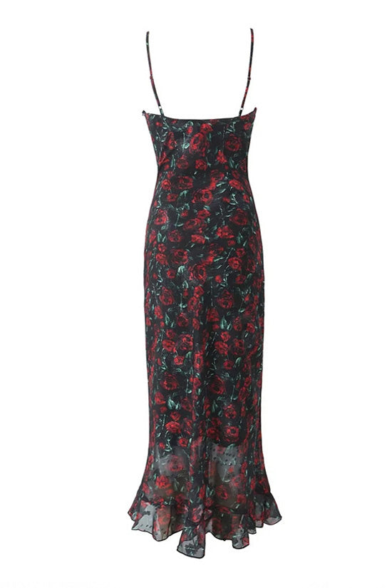 French Style Ruched Tie Neck Floral Print Chiffon Fishtail Slip Maxi Sundress - Fashionpara