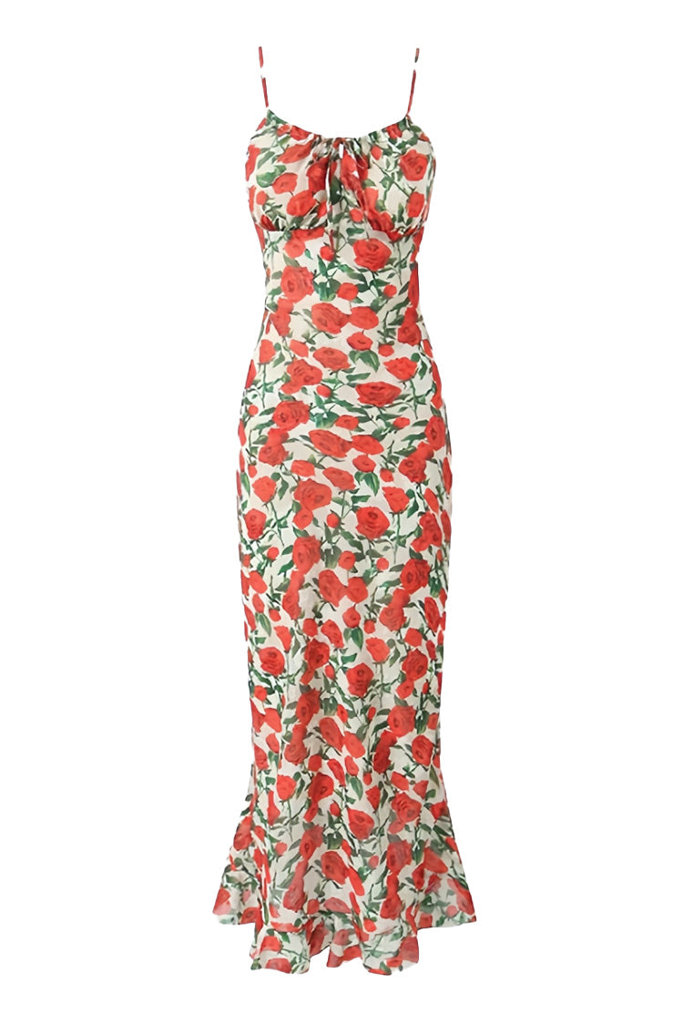 French Style Ruched Tie Neck Floral Print Chiffon Fishtail Slip Maxi Sundress - Fashionpara