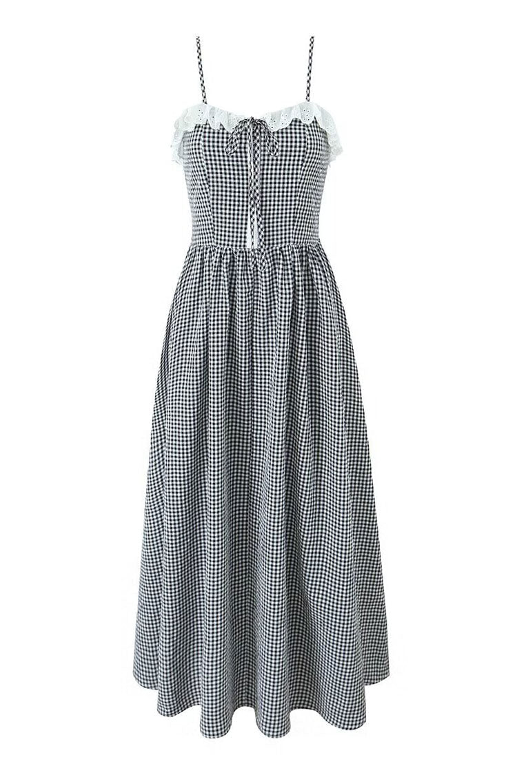 French Style Ruffle Sweetheart Gingham Cami Beach Vacation Midi Sundress - Fashionpara