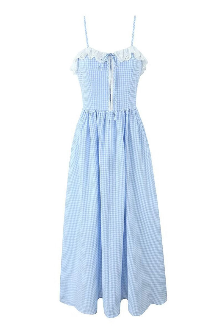 French Style Ruffle Sweetheart Gingham Cami Beach Vacation Midi Sundress - Fashionpara