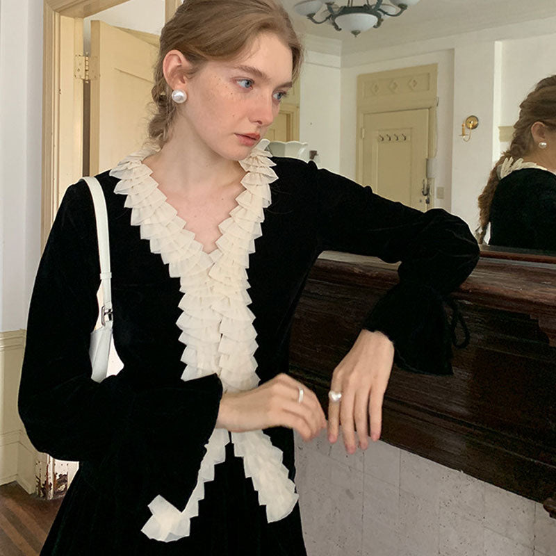 French Style Ruffle V Neck Hook & Eye Flared Long Sleeve Knit Cardigan - Black - Fashionpara