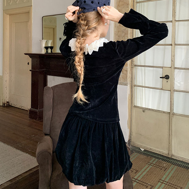 French Style Ruffle V Neck Hook & Eye Flared Long Sleeve Knit Cardigan - Black - Fashionpara