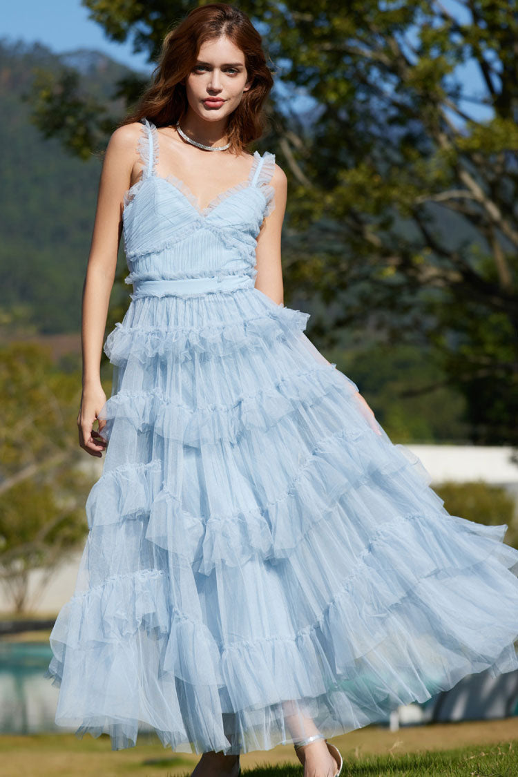 French Style Ruffle V Neck Sleeveless Tiered Tulle Evening Maxi Dress - Blue Fashionpara