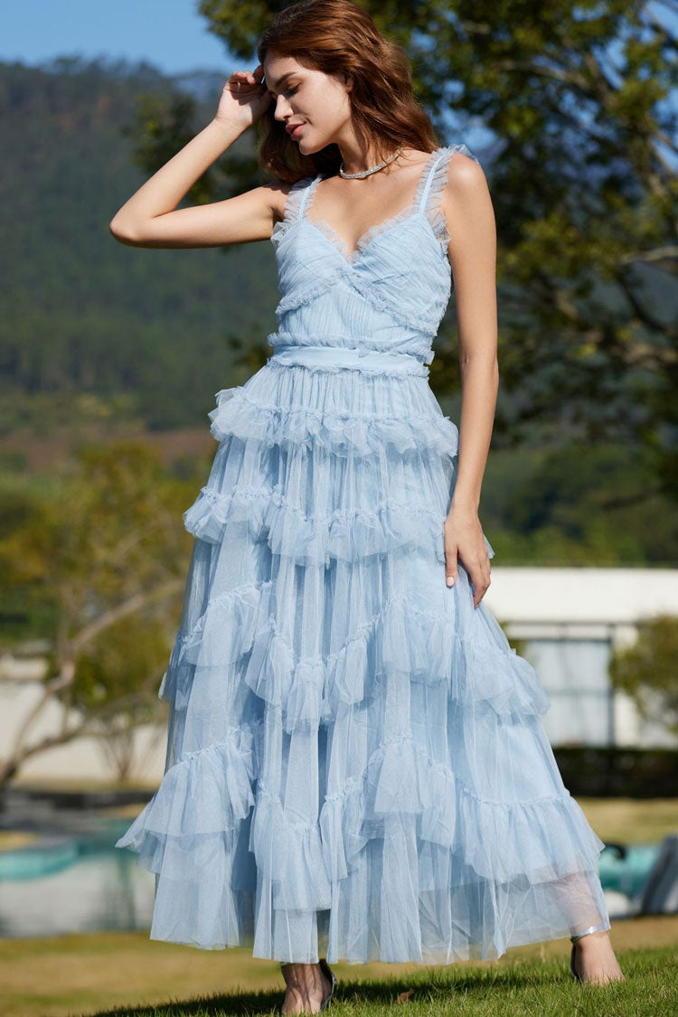 French Style Ruffle V Neck Sleeveless Tiered Tulle Evening Maxi Dress - Blue Fashionpara