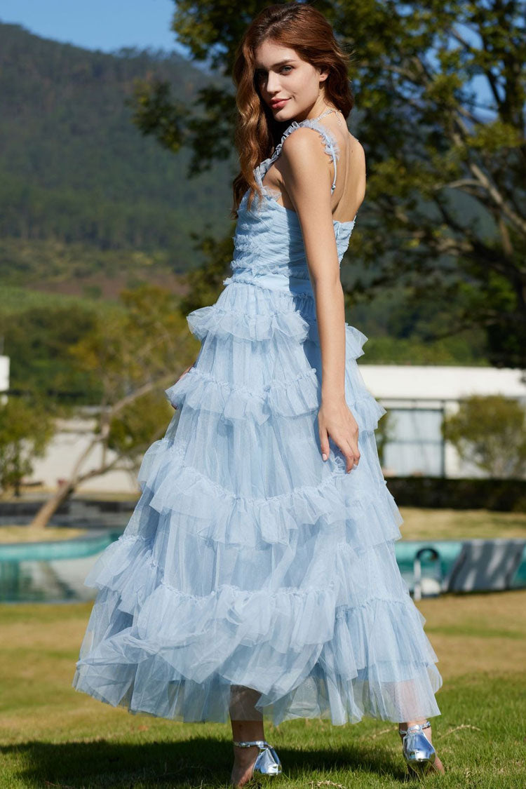 French Style Ruffle V Neck Sleeveless Tiered Tulle Evening Maxi Dress - Blue Fashionpara