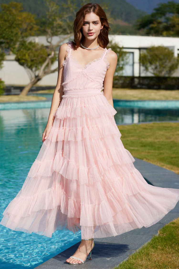 French Style Ruffle V Neck Sleeveless Tiered Tulle Evening Maxi Dress - Pink  Fashionpara