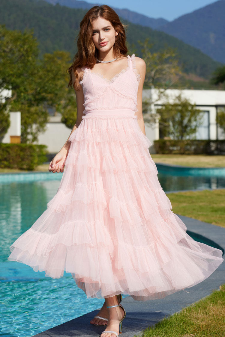 French Style Ruffle V Neck Sleeveless Tiered Tulle Evening Maxi Dress - Pink Fashionpara