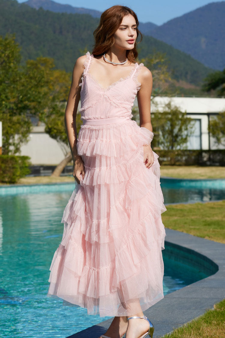 French Style Ruffle V Neck Sleeveless Tiered Tulle Evening Maxi Dress - Pink Fashionpara