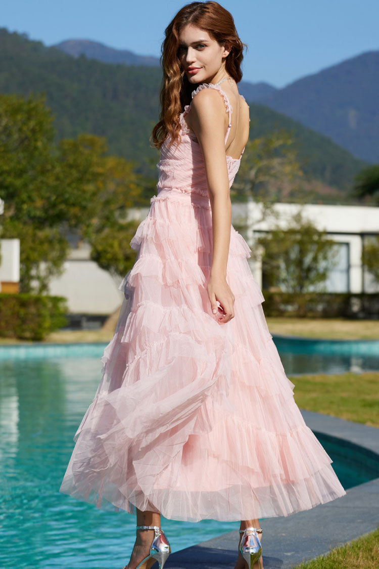 French Style Ruffle V Neck Sleeveless Tiered Tulle Evening Maxi Dress - Pink Fashionpara