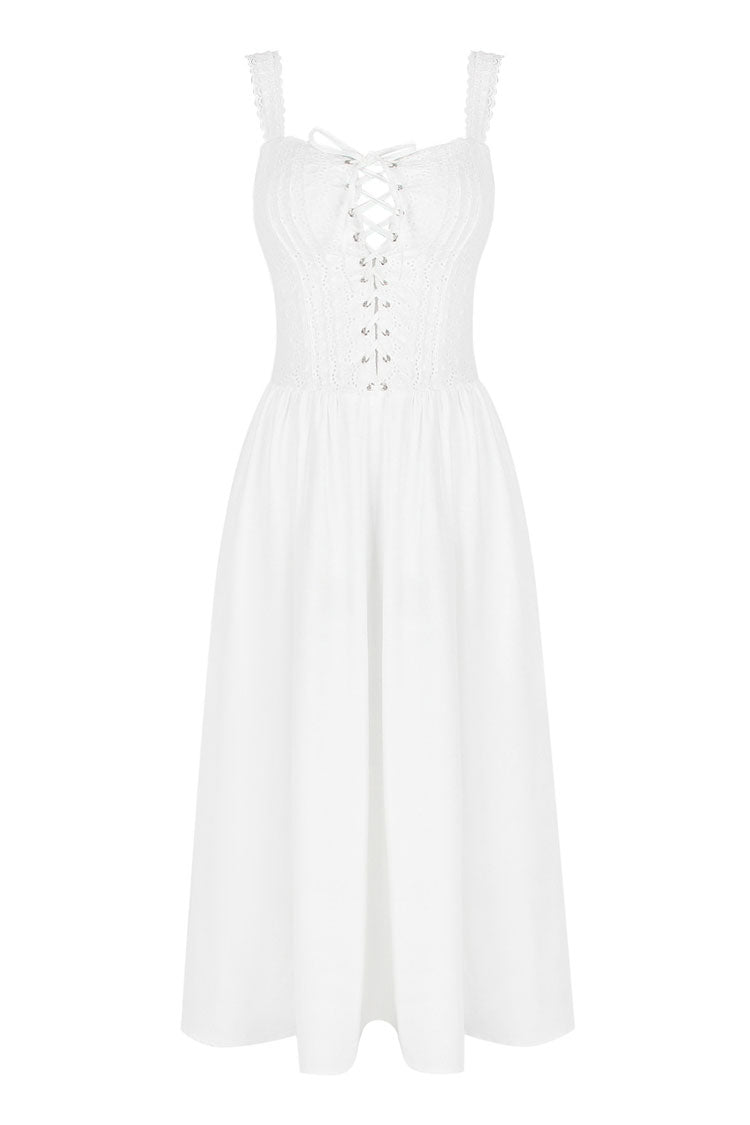 French Style Scalloped Lace Up Broderie Anglaise Vacation Midi Sundress