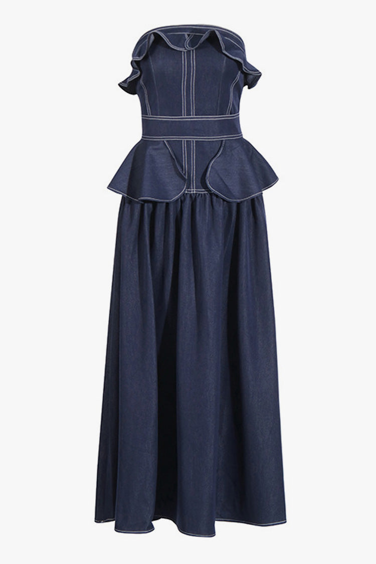 French Style Strapless Ruffle Peplum Drop Waist Denim Maxi Vacation Dress - Fashionpara