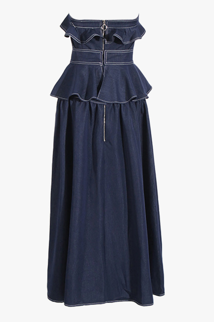 French Style Strapless Ruffle Peplum Drop Waist Denim Maxi Vacation Dress - Fashionpara