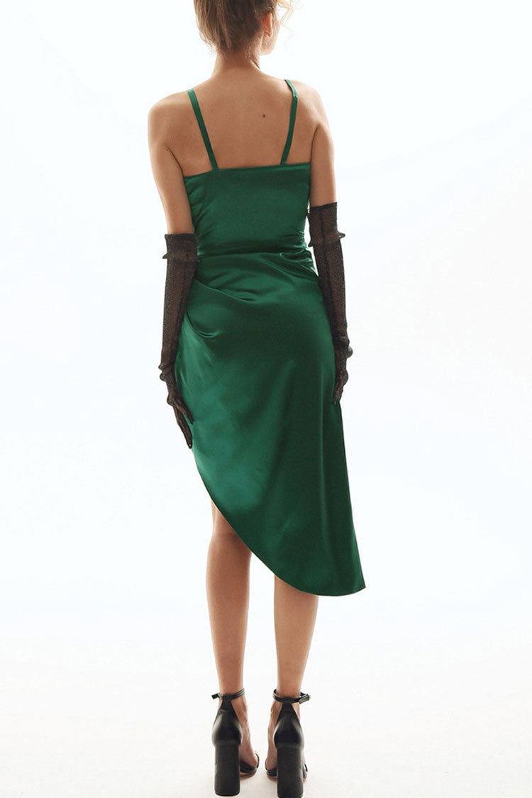 French Style Wrap V Neck High Slit Slip Midi Dress - Emerald Green - Fashionpara