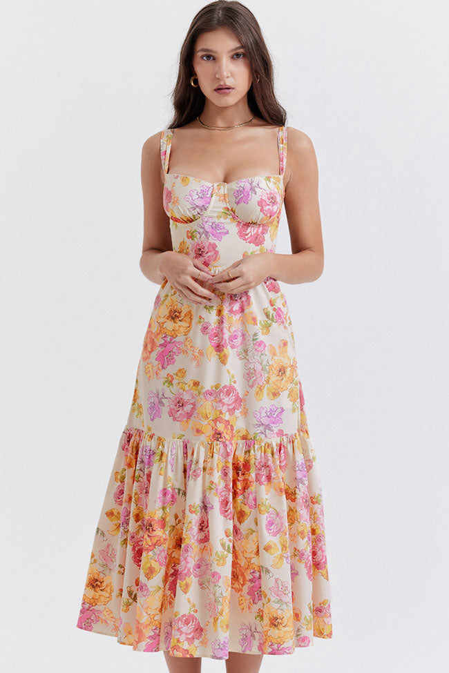 French Sweetheart Fit and Flare Ruffle Floral Printed Midi Sundress - Beige  Fashionpara