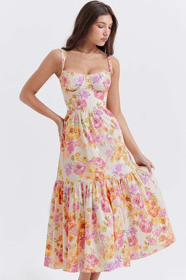 French Sweetheart Fit and Flare Ruffle Floral Printed Midi Sundress - Beige  Fashionpara