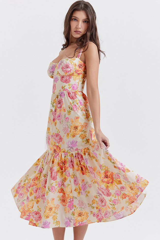 French Sweetheart Fit and Flare Ruffle Floral Printed Midi Sundress - Beige  Fashionpara