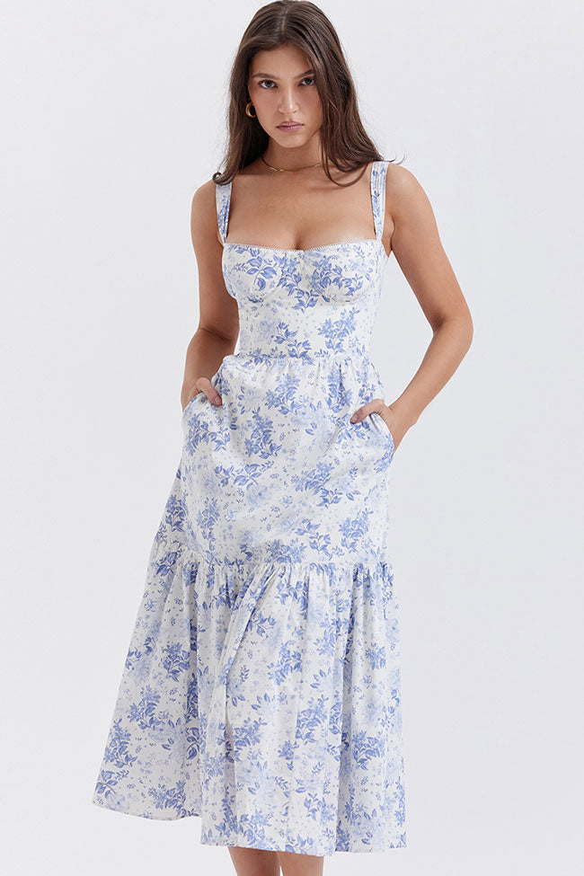 French Sweetheart Fit and Flare Ruffle Floral Printed Midi Sundress - Blue Fashionpara