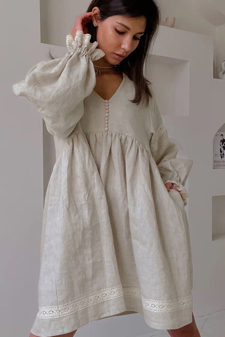 French V Neck Balloon Sleeve Empire Waist Linen Blend Babydoll Mini Dress