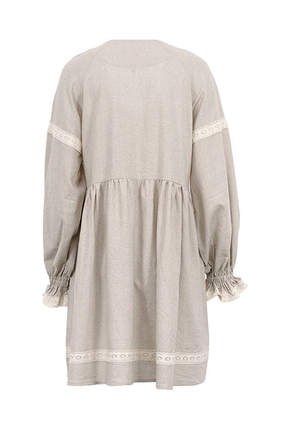 French V Neck Balloon Sleeve Empire Waist Linen Blend Babydoll Mini Dress