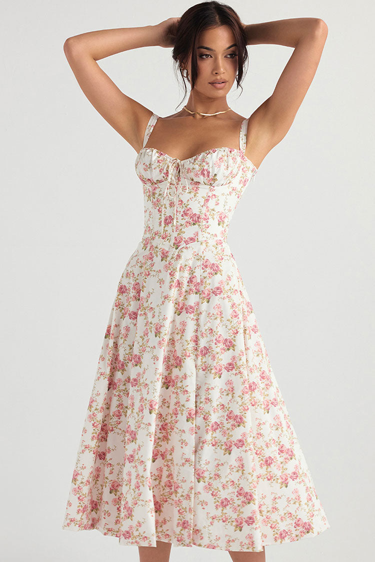 Floral Print Bustier Tie Front Slit Midi Sundress 2