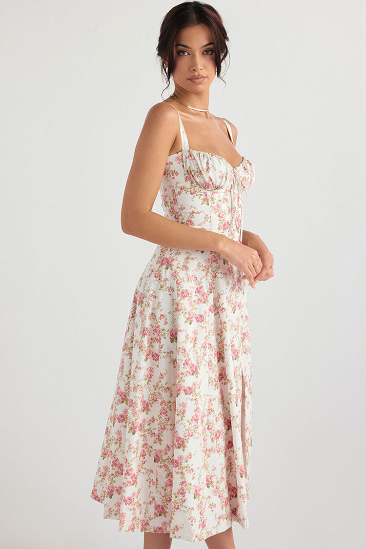 Floral Print Bustier Tie Front Slit Midi Sundress 3