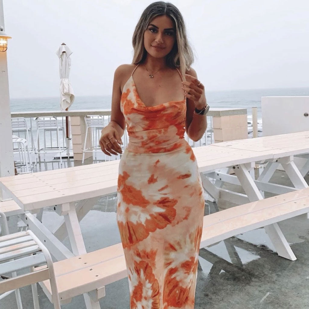 Floral Print Cowl Neck Backless Slip Maxi Dress