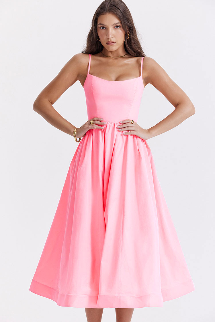 Fresh Scoop Neck Spaghetti Strap Pocket Trim Fit & Flare Midi Sundress - Pink  Fashionpara
