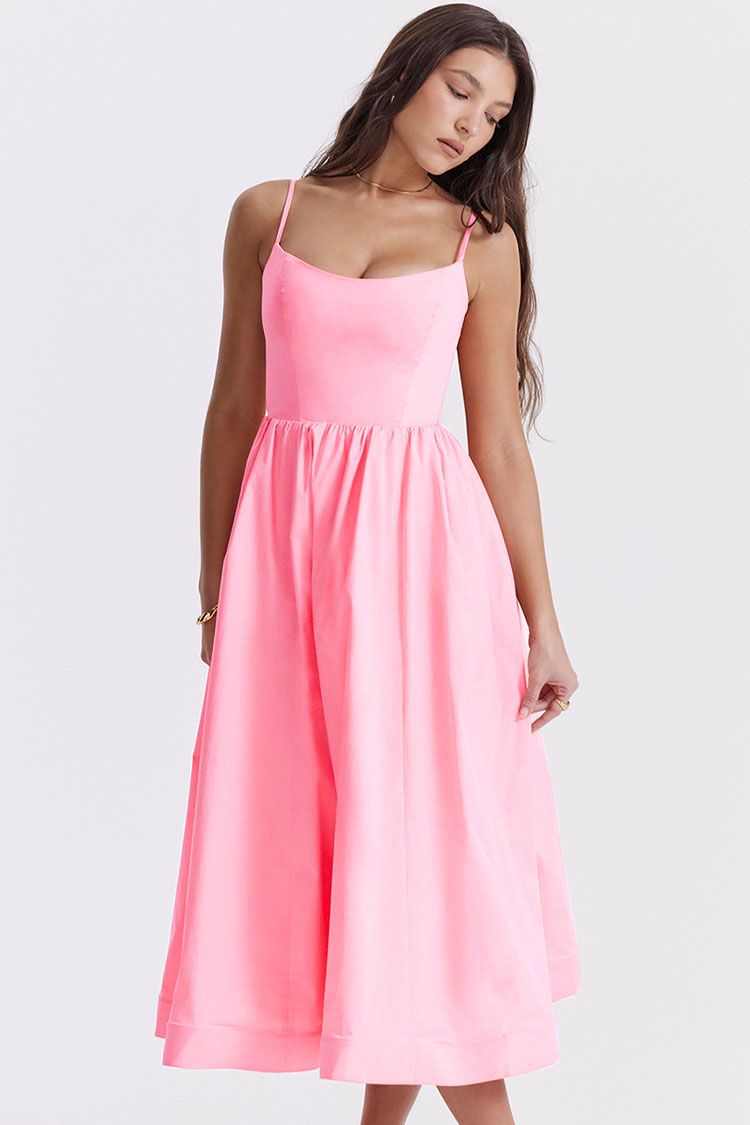 Fresh Scoop Neck Spaghetti Strap Pocket Trim Fit & Flare Midi Sundress - Pink  Fashionpara