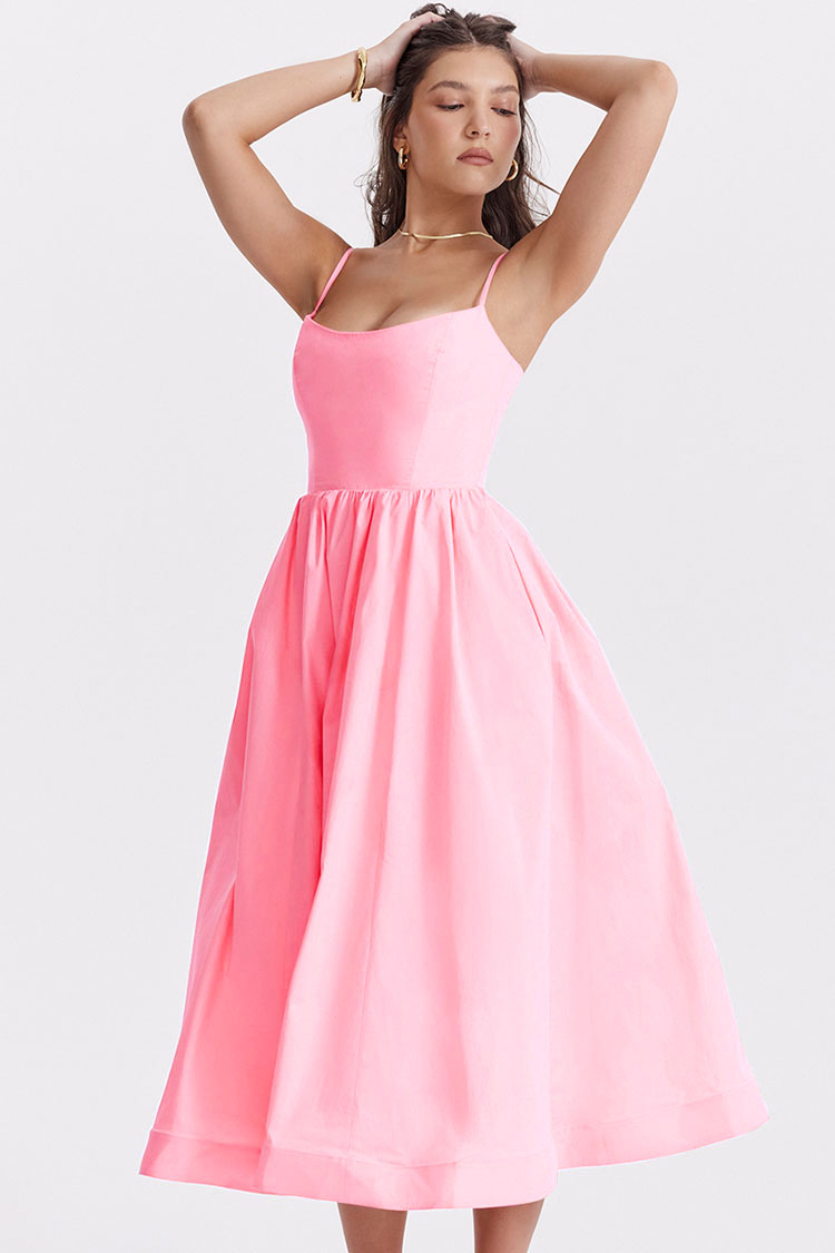 Fresh Scoop Neck Spaghetti Strap Pocket Trim Fit & Flare Midi Sundress - Pink  Fashionpara