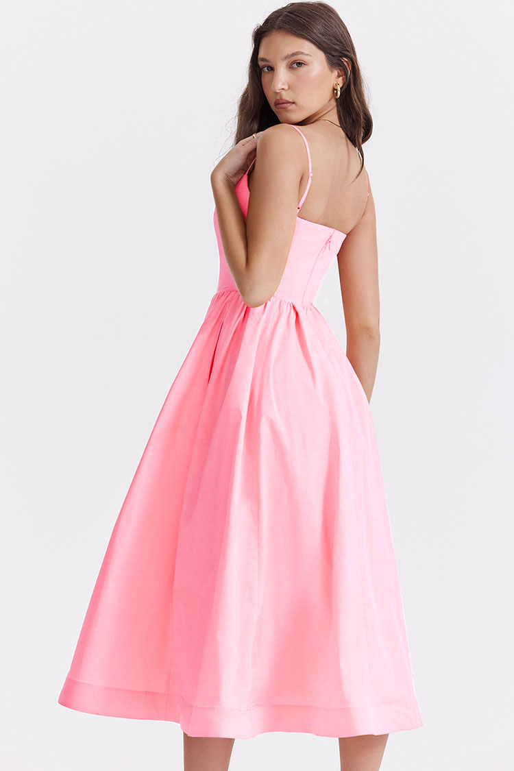 Fresh Scoop Neck Spaghetti Strap Pocket Trim Fit & Flare Midi Sundress - Pink  Fashionpara