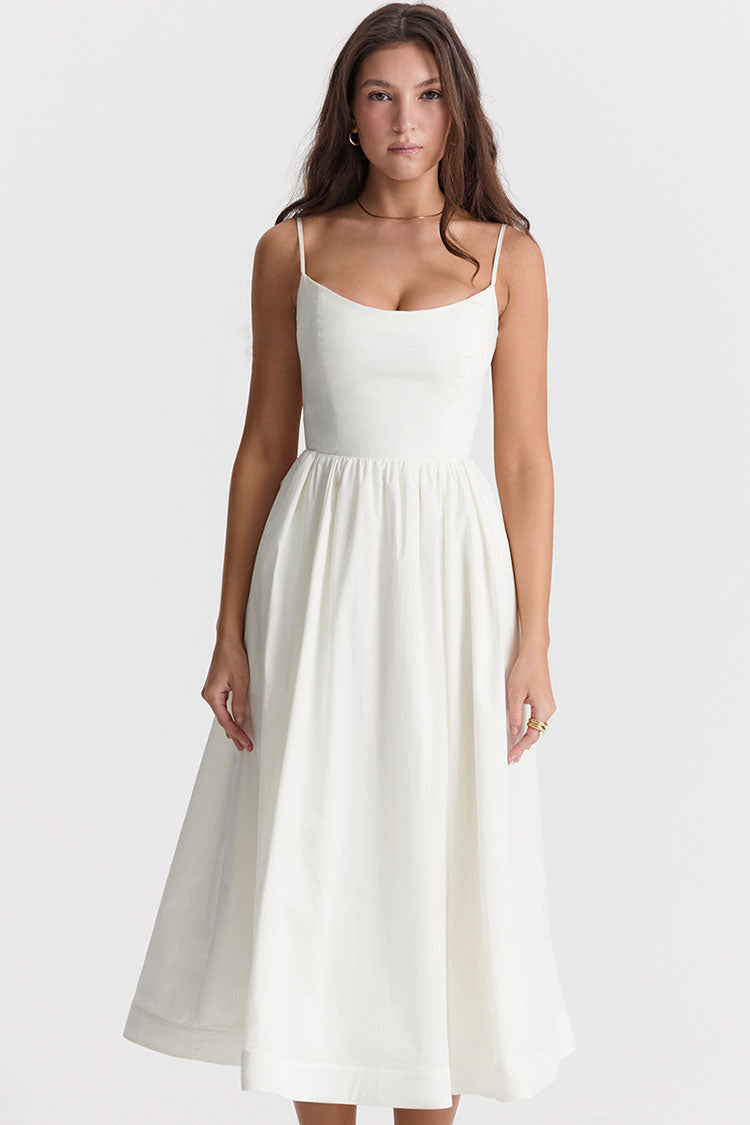 Fresh Scoop Neck Spaghetti Strap Pocket Trim Fit & Flare Midi Sundress - White  Fashionpara
