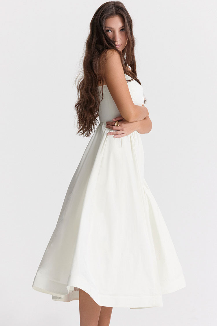 Fresh Scoop Neck Spaghetti Strap Pocket Trim Fit & Flare Midi Sundress - White  Fashionpara