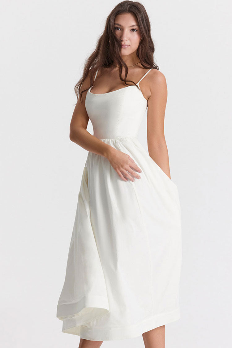 Fresh Scoop Neck Spaghetti Strap Pocket Trim Fit & Flare Midi Sundress - White  Fashionpara