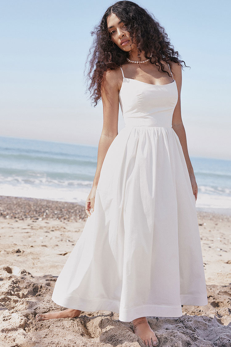 Fresh Scoop Neck Spaghetti Strap Pocket Trim Fit & Flare Midi Sundress - White  Fashionpara