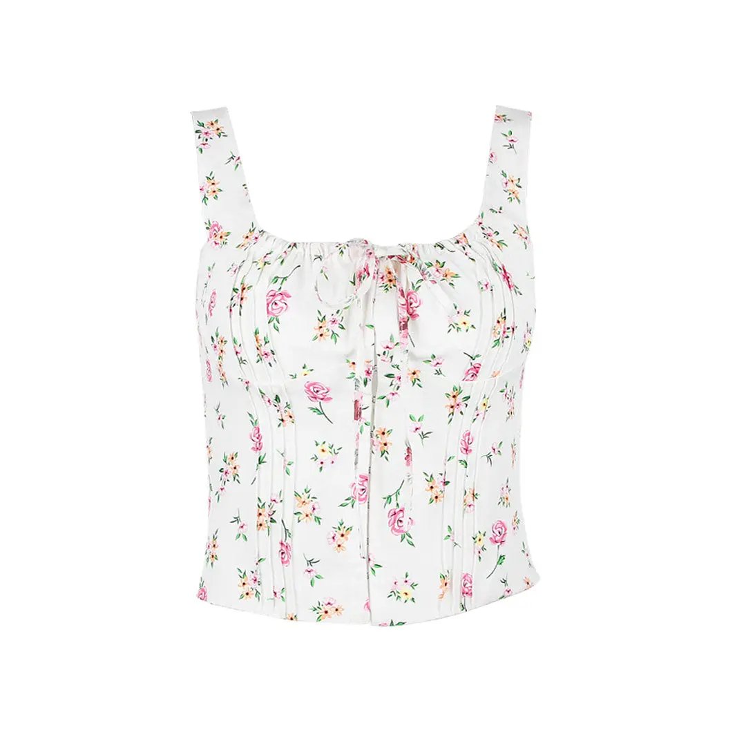 Fresh Tie Front Square Neck Frill Bustier Floral Printed Tank Top - Pink Fashionpara