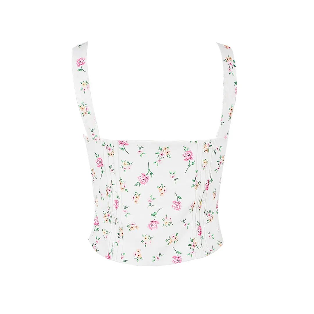 Fresh Tie Front Square Neck Frill Bustier Floral Printed Tank Top - Pink Fashionpara