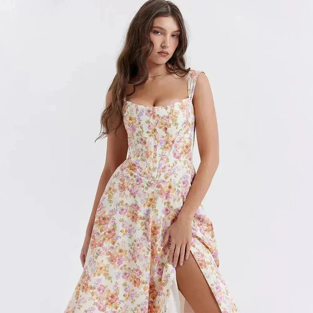 Floral Scoop Neck Corset High Split Midi Dress 6