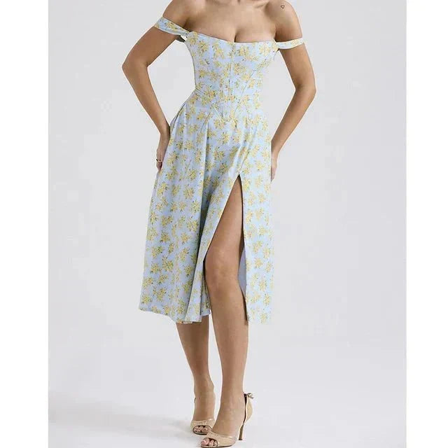Floral Scoop Neck Corset High Split Midi Dress 5