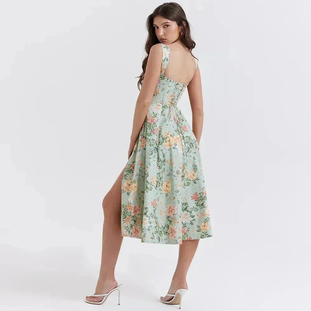 Floral Scoop Neck Corset High Split Midi Dress 3
