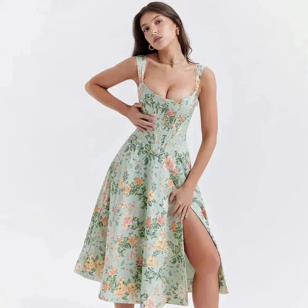 Floral Scoop Neck Corset High Split Midi Dress