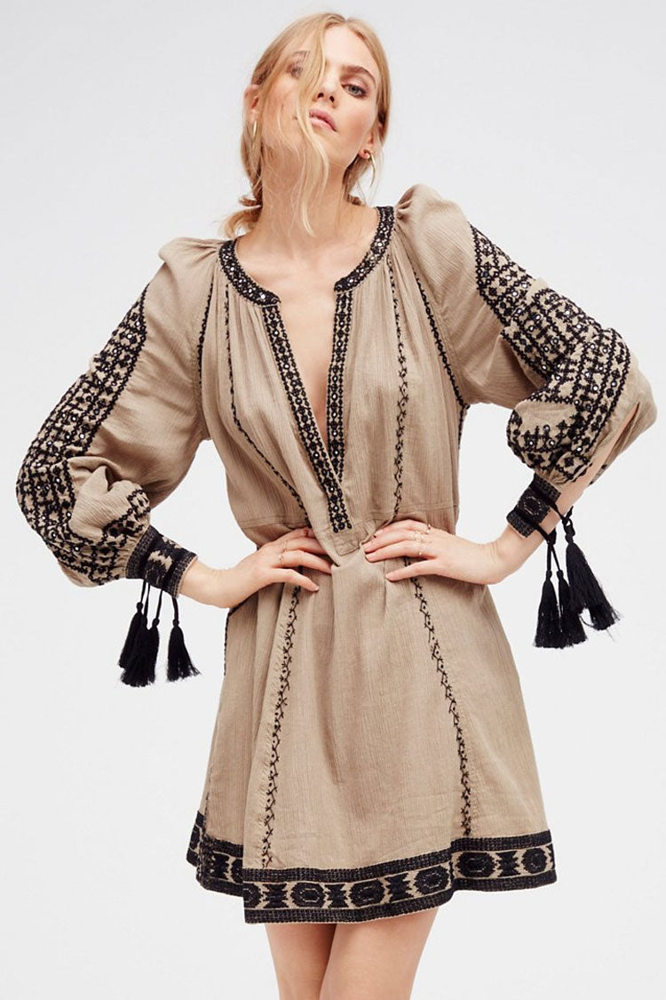 Ethnic Embroidered Plunge Neck Long Sleeve Tassel Mini Dress